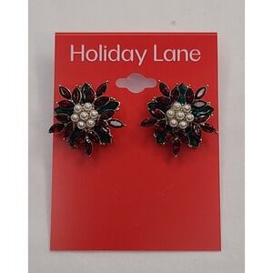 Holiday Lane Women's Snowflake Earrings Red Green Crystal Pearl Gold Tone
